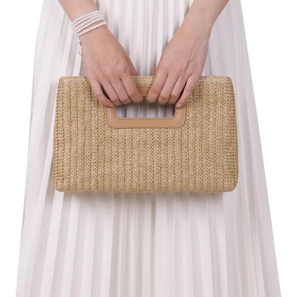 Khaki Straw Clutch Purse for Women Travel Beach Tote Woven Rattan Envelope Bag T - Picture 3 of 6